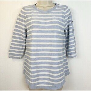 Talbots Cotton Blend Sweater Light Blue White Stripe Silver Buttons  M Petite